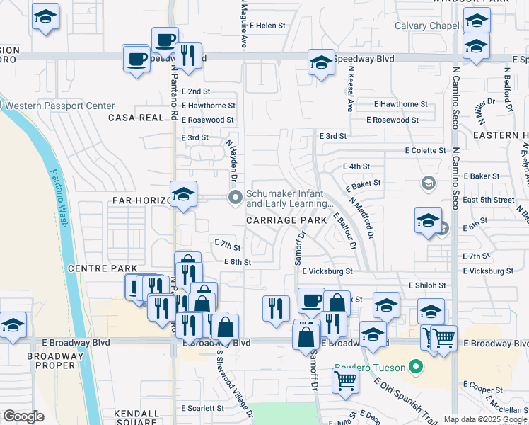 map of restaurants, bars, coffee shops, grocery stores, and more near 8134 East 5th Street in Tucson