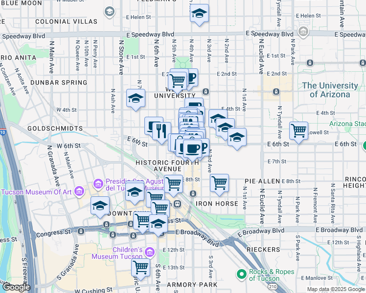 map of restaurants, bars, coffee shops, grocery stores, and more near 300 East 6th Street in Tucson