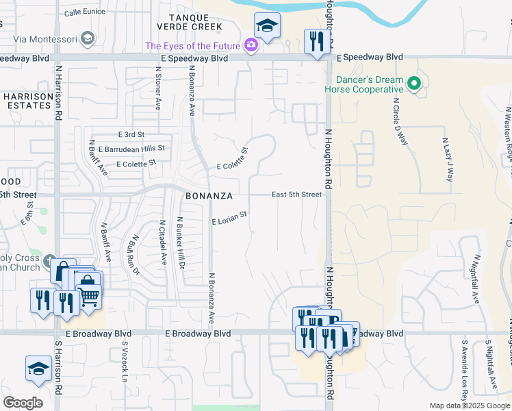 map of restaurants, bars, coffee shops, grocery stores, and more near 10057 East Lorian Street in Tucson