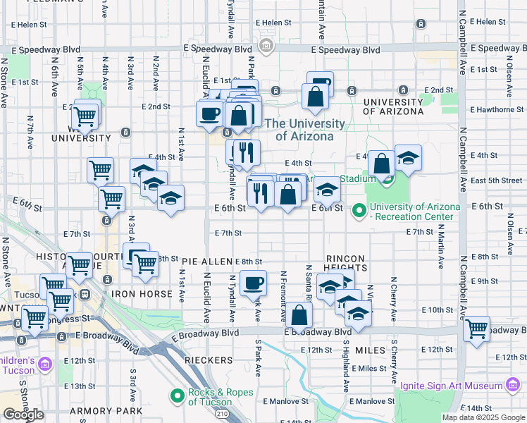 map of restaurants, bars, coffee shops, grocery stores, and more near East 6th Street in Tucson