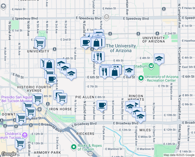 map of restaurants, bars, coffee shops, grocery stores, and more near 447 North Tyndall Avenue in Tucson