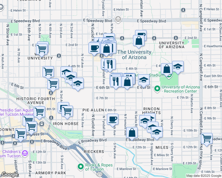 map of restaurants, bars, coffee shops, grocery stores, and more near 928 East 6th Street in Tucson