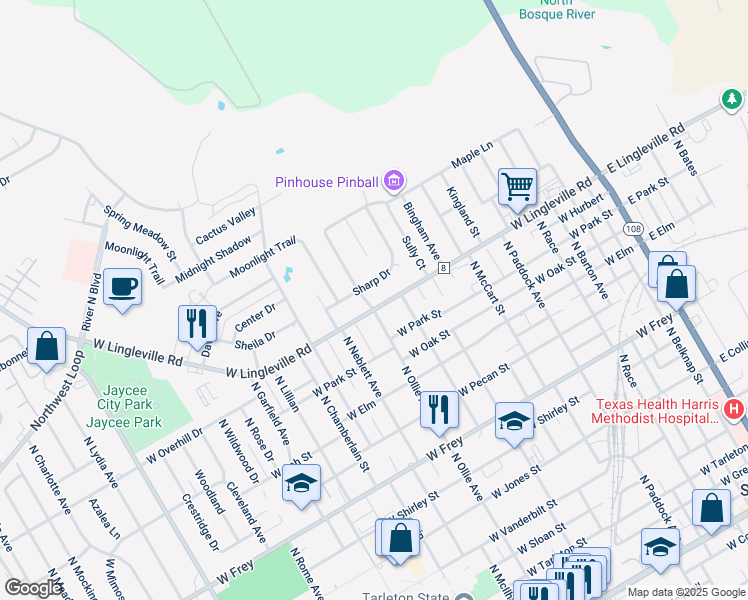 map of restaurants, bars, coffee shops, grocery stores, and more near 1011 West Lingleville Road in Stephenville