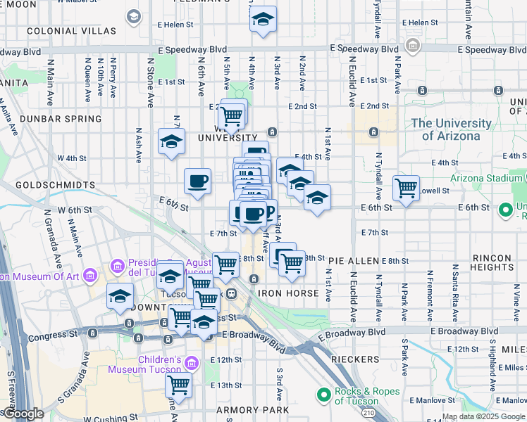 map of restaurants, bars, coffee shops, grocery stores, and more near 444 North 4th Avenue in Tucson