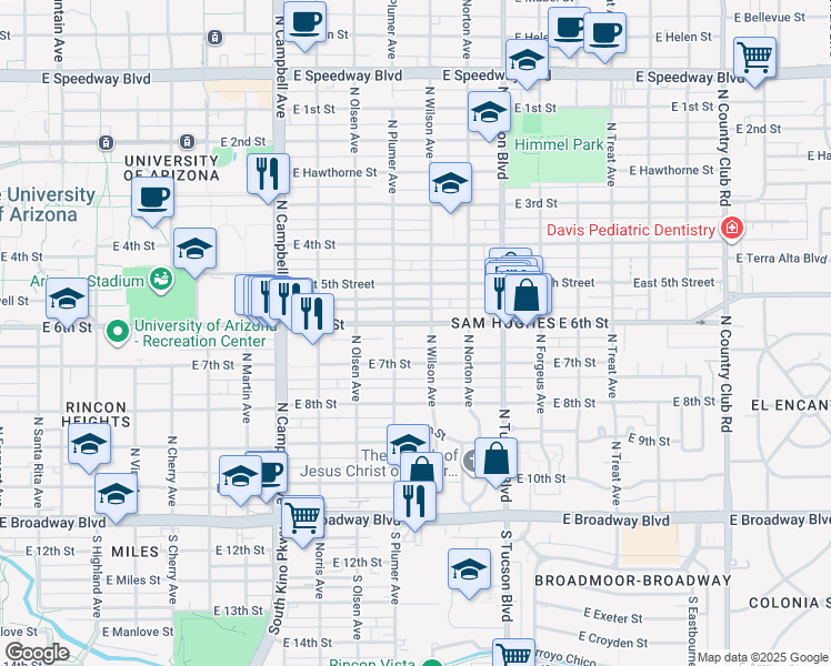 map of restaurants, bars, coffee shops, grocery stores, and more near 2240 East 6th Street in Tucson