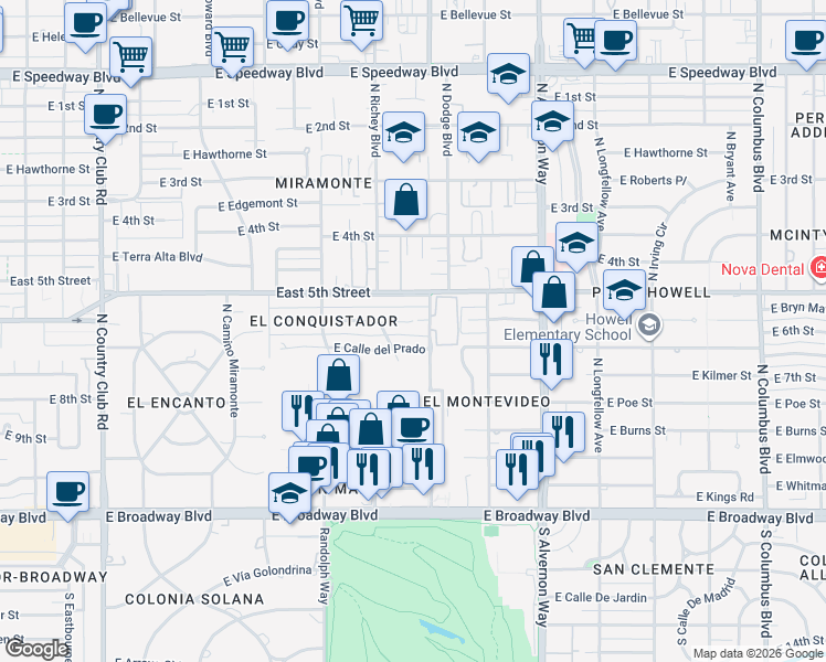 map of restaurants, bars, coffee shops, grocery stores, and more near 3624 East Calle Alarcon in Tucson