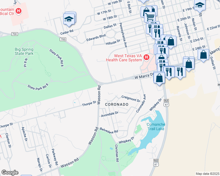map of restaurants, bars, coffee shops, grocery stores, and more near 801 West Marcy Drive in Big Spring