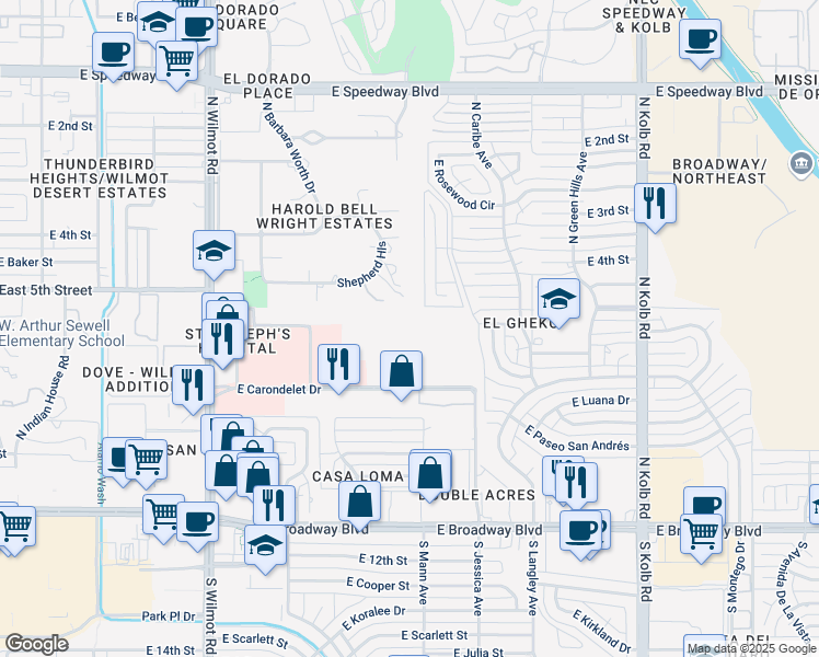 map of restaurants, bars, coffee shops, grocery stores, and more near 6653 East Carondelet Drive in Tucson