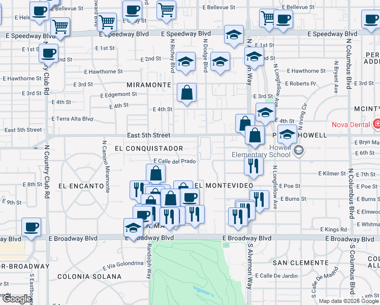 map of restaurants, bars, coffee shops, grocery stores, and more near 3624 East Calle Alarcon in Tucson