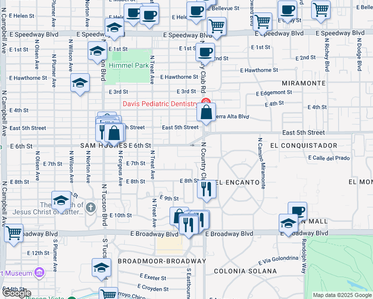 map of restaurants, bars, coffee shops, grocery stores, and more near 3020 East 6th Street in Tucson