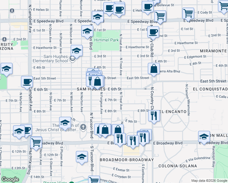 map of restaurants, bars, coffee shops, grocery stores, and more near 2648 East 6th Street in Tucson