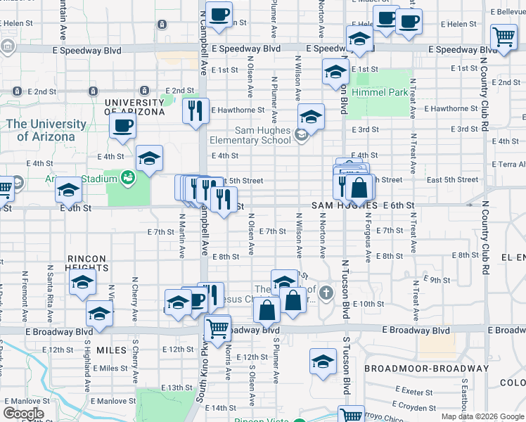 map of restaurants, bars, coffee shops, grocery stores, and more near 2134 East 6th Street in Tucson