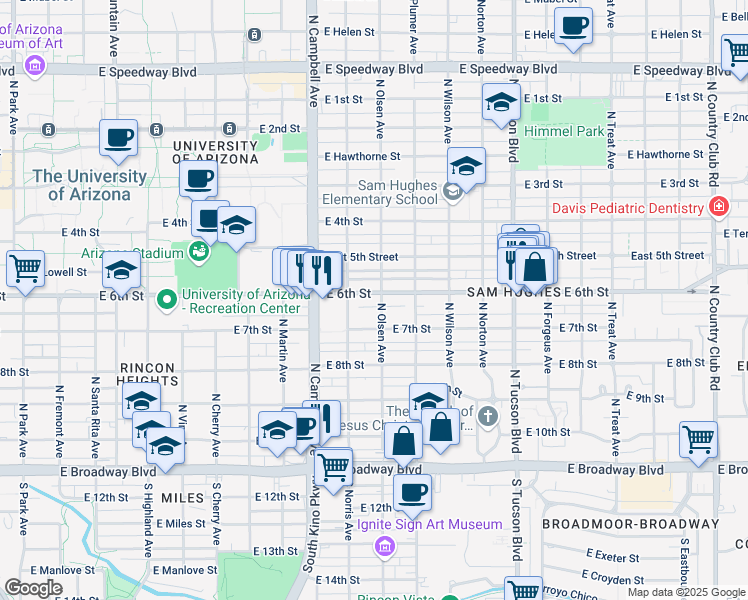 map of restaurants, bars, coffee shops, grocery stores, and more near 2038 East 6th Street in Tucson
