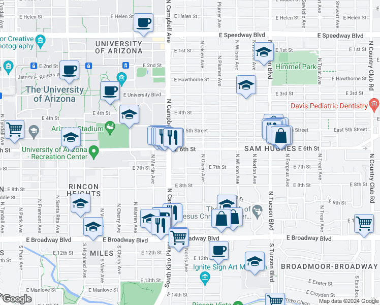 map of restaurants, bars, coffee shops, grocery stores, and more near 2038 East 6th Street in Tucson