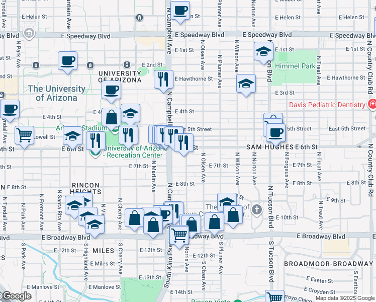 map of restaurants, bars, coffee shops, grocery stores, and more near 446 North Campbell Avenue in Tucson