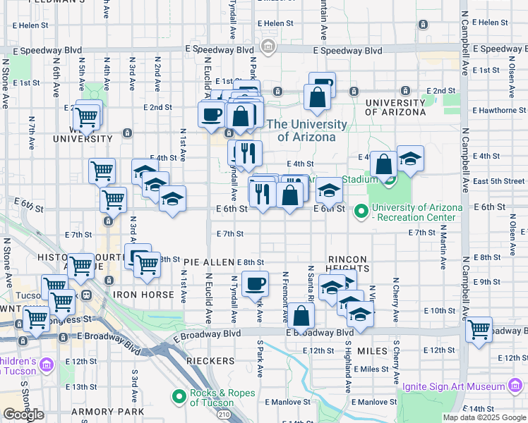 map of restaurants, bars, coffee shops, grocery stores, and more near in Tucson