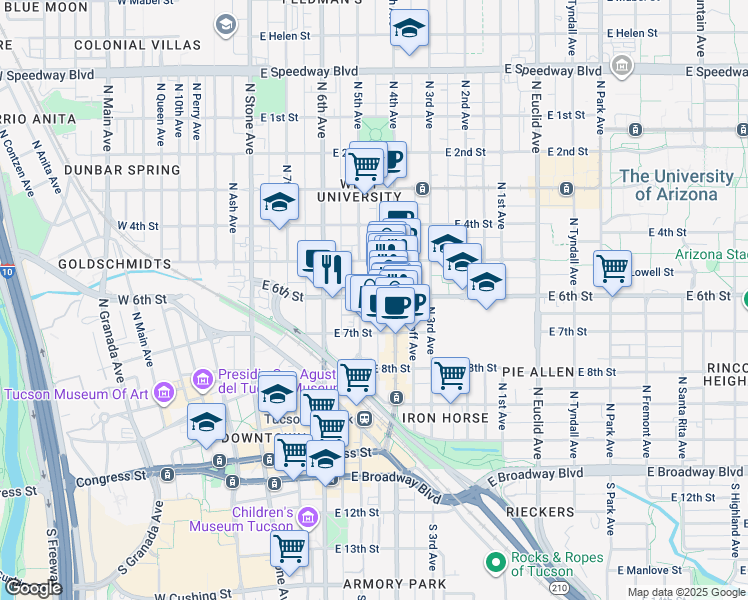 map of restaurants, bars, coffee shops, grocery stores, and more near 300 East 6th Street in Tucson