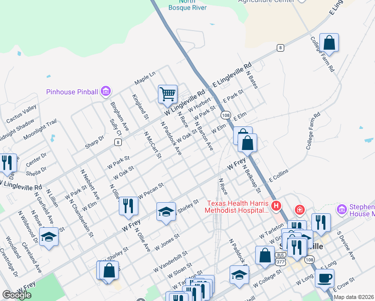 map of restaurants, bars, coffee shops, grocery stores, and more near 1255 North Paddock Avenue in Stephenville