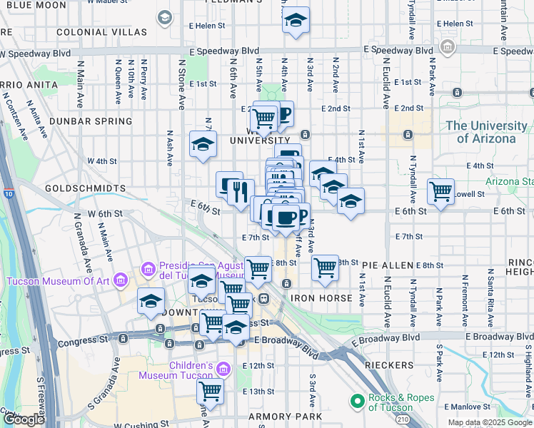 map of restaurants, bars, coffee shops, grocery stores, and more near 312 East 6th Street in Tucson