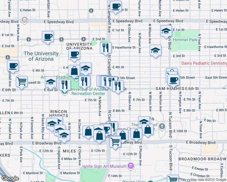 map of restaurants, bars, coffee shops, grocery stores, and more near 446 North Campbell Avenue in Tucson