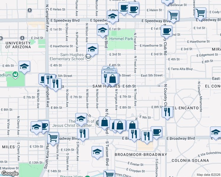 map of restaurants, bars, coffee shops, grocery stores, and more near 2540 East 6th Street in Tucson