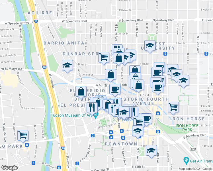 map of restaurants, bars, coffee shops, grocery stores, and more near W 6th St & N 9th Ave in Tucson