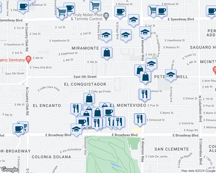 map of restaurants, bars, coffee shops, grocery stores, and more near 3624 East Calle Alarcon in Tucson