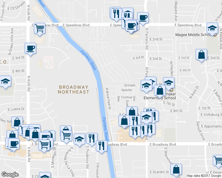 map of restaurants, bars, coffee shops, grocery stores, and more near 7655 East Chase Park Loop in Tucson