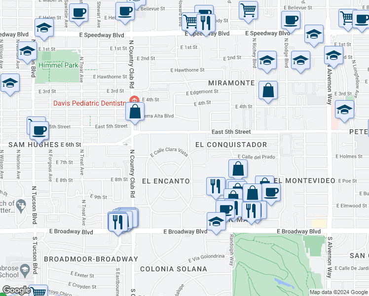 map of restaurants, bars, coffee shops, grocery stores, and more near 75 East Calle Clara Vista in Tucson