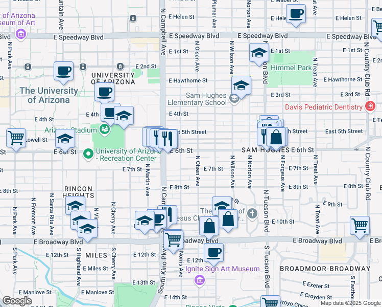 map of restaurants, bars, coffee shops, grocery stores, and more near 2038 East 6th Street in Tucson