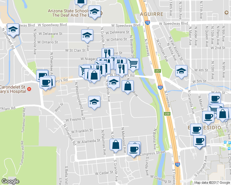 map of restaurants, bars, coffee shops, grocery stores, and more near 440 North Grande Avenue in Tucson