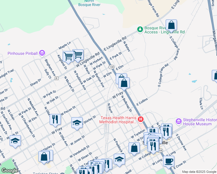 map of restaurants, bars, coffee shops, grocery stores, and more near 571 Columbia in Stephenville