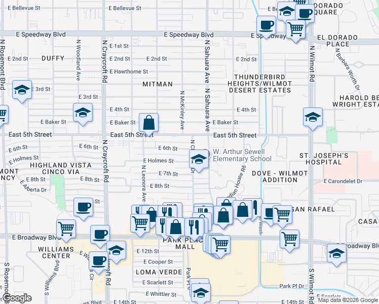 map of restaurants, bars, coffee shops, grocery stores, and more near 5756 East 6th Street in Tucson