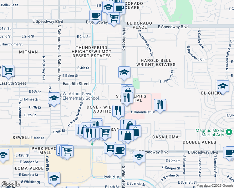 map of restaurants, bars, coffee shops, grocery stores, and more near 535 North Wilmot Road in Tucson