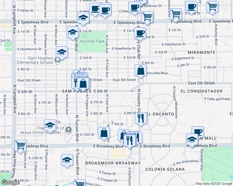 map of restaurants, bars, coffee shops, grocery stores, and more near 2820 East 6th Street in Tucson