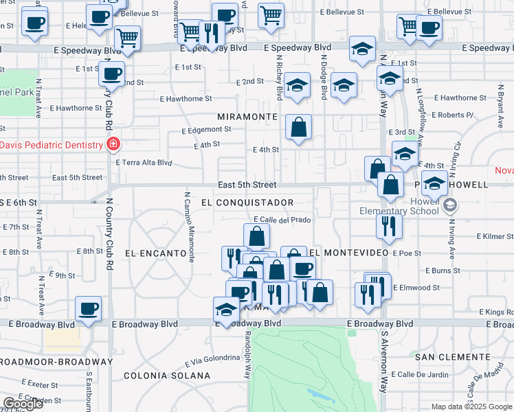 map of restaurants, bars, coffee shops, grocery stores, and more near 3514 East Calle Alarcon in Tucson