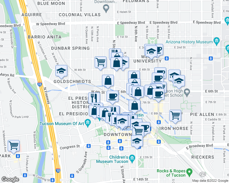 map of restaurants, bars, coffee shops, grocery stores, and more near 3 East 6th Street in Tucson