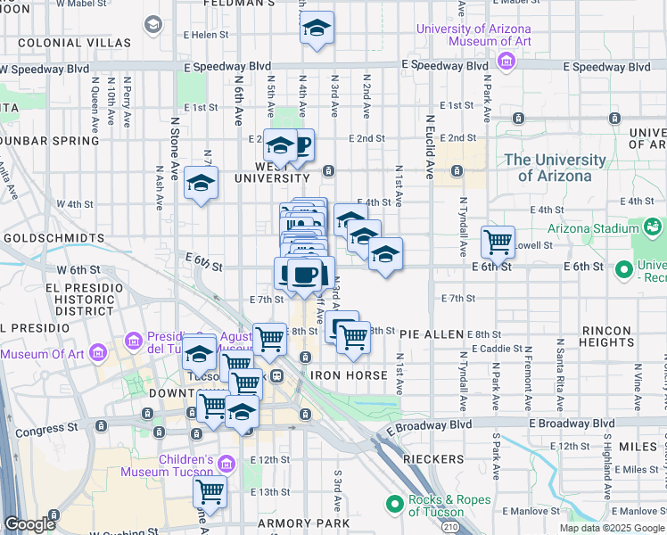 map of restaurants, bars, coffee shops, grocery stores, and more near 460 East 6th Street in Tucson