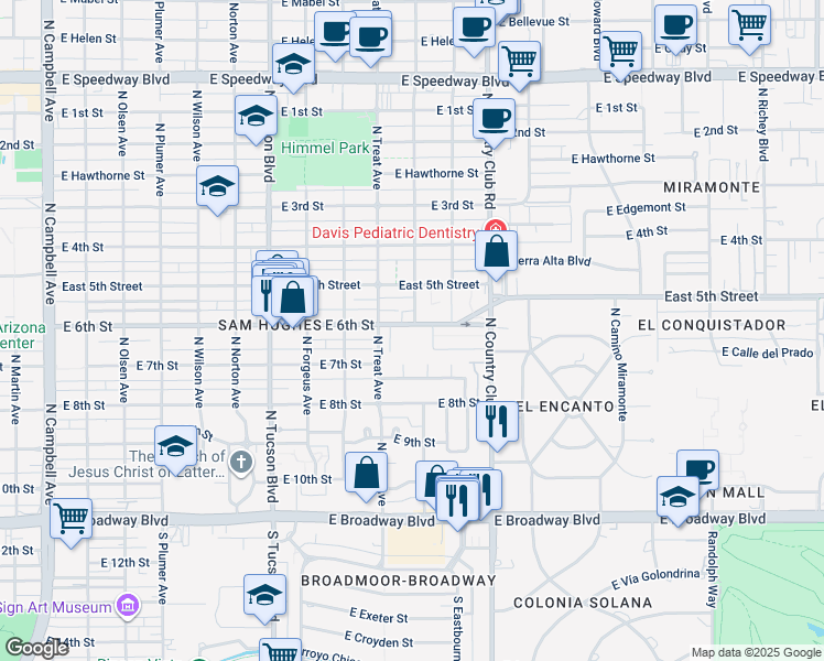 map of restaurants, bars, coffee shops, grocery stores, and more near 2820 East 6th Street in Tucson