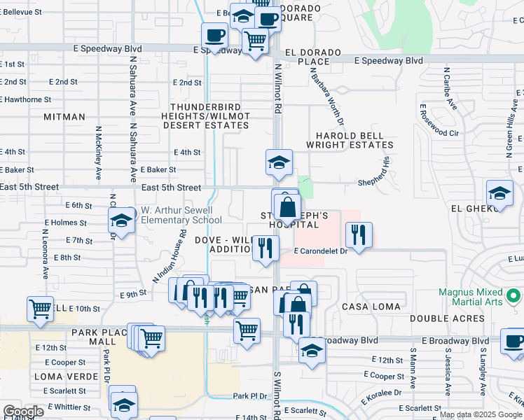 map of restaurants, bars, coffee shops, grocery stores, and more near 535 North Wilmot Road in Tucson
