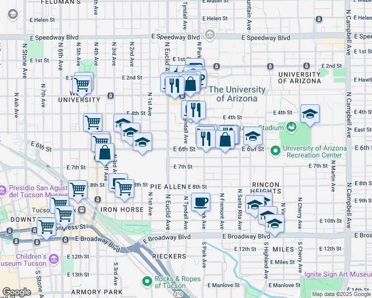 map of restaurants, bars, coffee shops, grocery stores, and more near E 6th St & N Tyndall Ave in Tucson