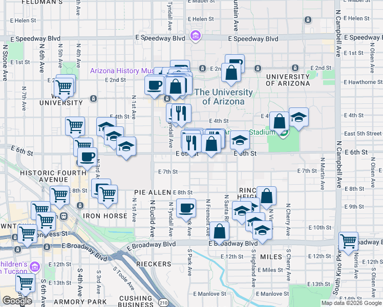 map of restaurants, bars, coffee shops, grocery stores, and more near E 6th St & N Park Ave in Tucson
