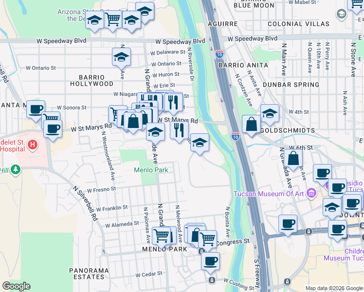 map of restaurants, bars, coffee shops, grocery stores, and more near 525 Bonita Avenue in Tucson