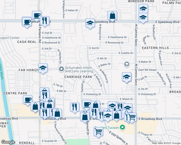 map of restaurants, bars, coffee shops, grocery stores, and more near 517 North Sarnoff Drive in Tucson