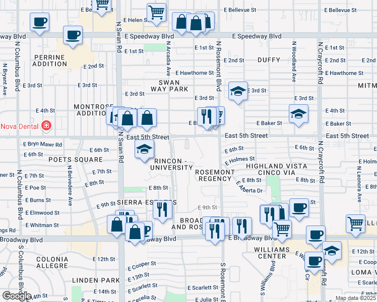 map of restaurants, bars, coffee shops, grocery stores, and more near 4900 East 5th Street in Tucson