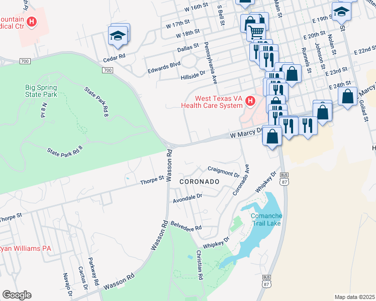 map of restaurants, bars, coffee shops, grocery stores, and more near 801 West Marcy Drive in Big Spring