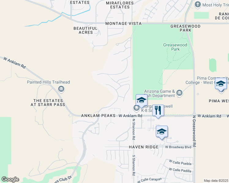 map of restaurants, bars, coffee shops, grocery stores, and more near 503 North Daystar Mountain Drive in Tucson
