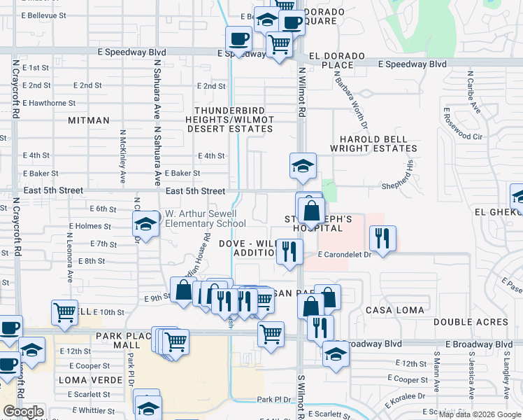 map of restaurants, bars, coffee shops, grocery stores, and more near 6120 East 5th Street in Tucson