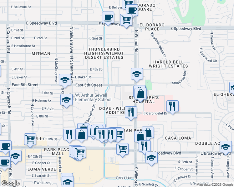 map of restaurants, bars, coffee shops, grocery stores, and more near 6120 East 5th Street in Tucson