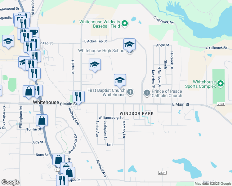 map of restaurants, bars, coffee shops, grocery stores, and more near 701 East Main Street in Whitehouse